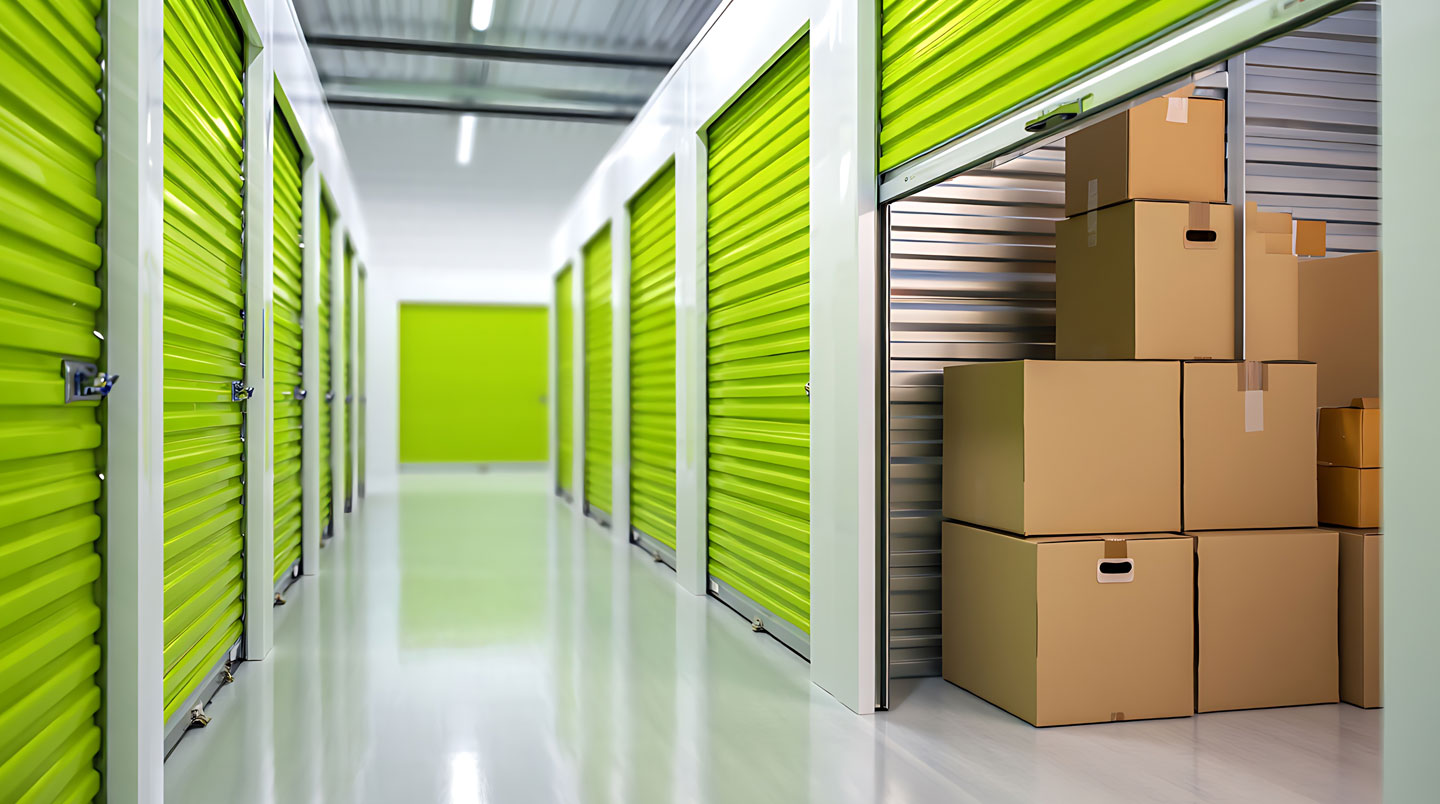 Infographie flat design montrant 4 tailles de boxes avec volume, nombre de cartons et type de logement correspondant.