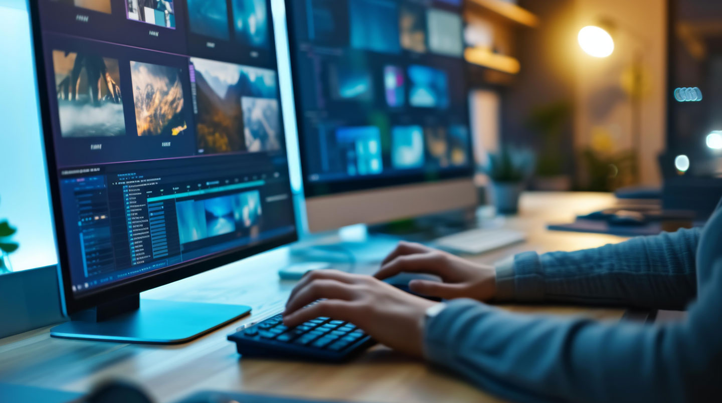 Responsable communication concentrée révisant une version traduite d'une vidéo sur son ordinateur dans un bureau calme