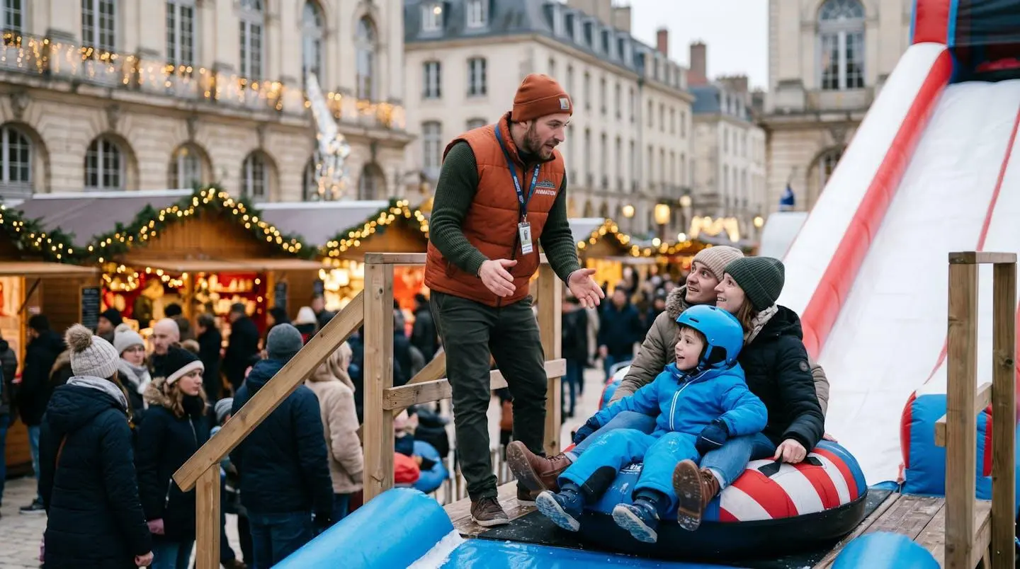 Un animateur professionnel en gilet distinctif supervise le départ des participants sur une piste de luge tubby lors d'un événement municipal, dans une ambiance hivernale festive
