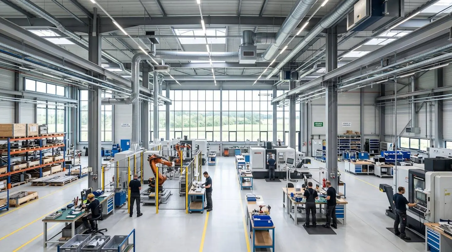 Vue large d'un atelier industriel moderne et lumineux avec conduits de ventilation aériens et dépoussiéreur en arrière-plan