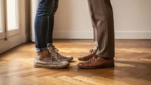 Deux personnes montrent leurs baskets, l'une montante avec un jean retroussé, l'autre basse avec un pantalon droit, sur un parquet dans un appartement.