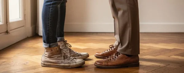 Deux personnes montrent leurs baskets, l'une montante avec un jean retroussé, l'autre basse avec un pantalon droit, sur un parquet dans un appartement.