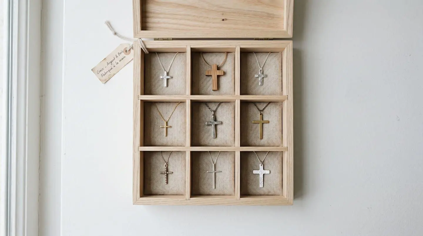 Boîte à bijoux en bois clair avec compartiments séparés contenant chacun un collier croix rangé individuellement pour éviter l'enchevêtrement