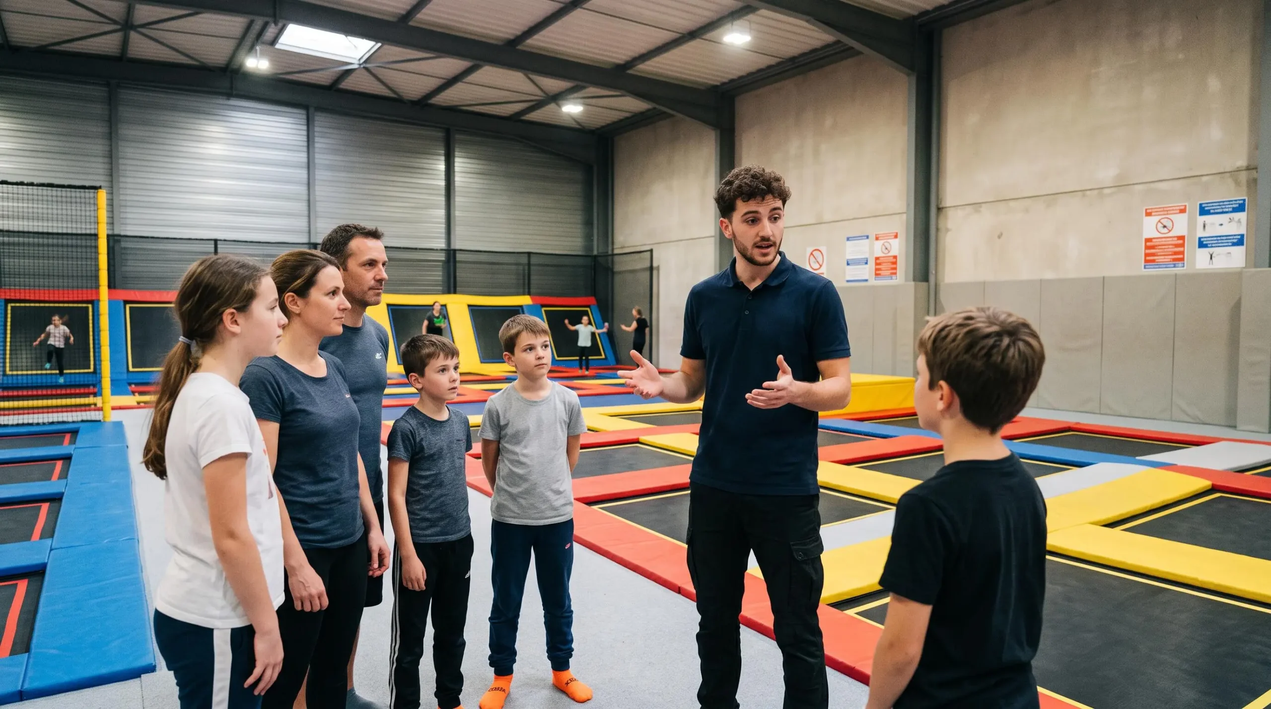 Moniteur de trampoline park donnant un briefing de sécurité à un groupe de participants avant l'activité