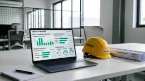 Bureau de PME industrielle avec ordinateur affichant tableau de bord RSE en temps réel, plans techniques et casque de chantier, lumière naturelle, ambiance professionnelle optimiste
