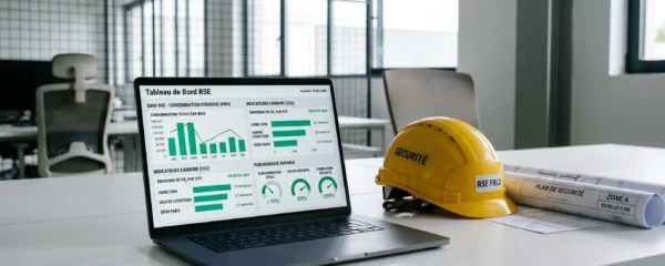 Bureau de PME industrielle avec ordinateur affichant tableau de bord RSE en temps réel, plans techniques et casque de chantier, lumière naturelle, ambiance professionnelle optimiste