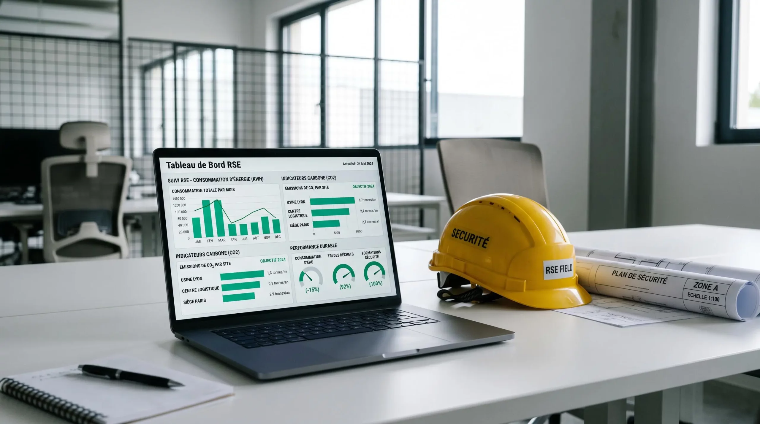 Bureau de PME industrielle avec ordinateur affichant tableau de bord RSE en temps réel, plans techniques et casque de chantier, lumière naturelle, ambiance professionnelle optimiste