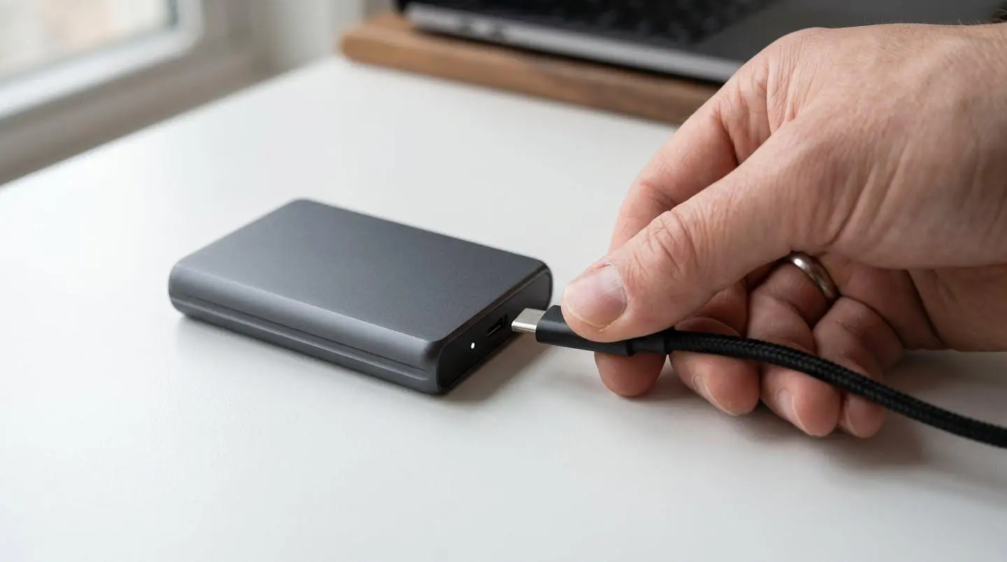 Gros plan sur une main connectant un câble USB-C à un disque dur externe posé sur une surface de travail claire