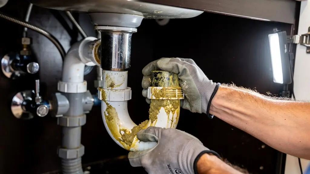 Plombier démontant un siphon de canalisation encrassé par des dépôts d'huile et de graisse solidifiés