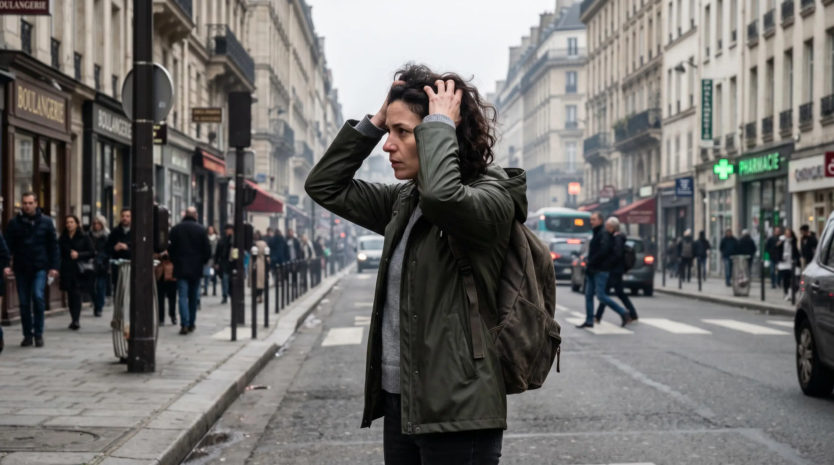 Femme en ville portant ses mains à ses cheveux, visage légèrement crispé, environnement urbain en arrière-plan suggérant pollution et stress capillaire