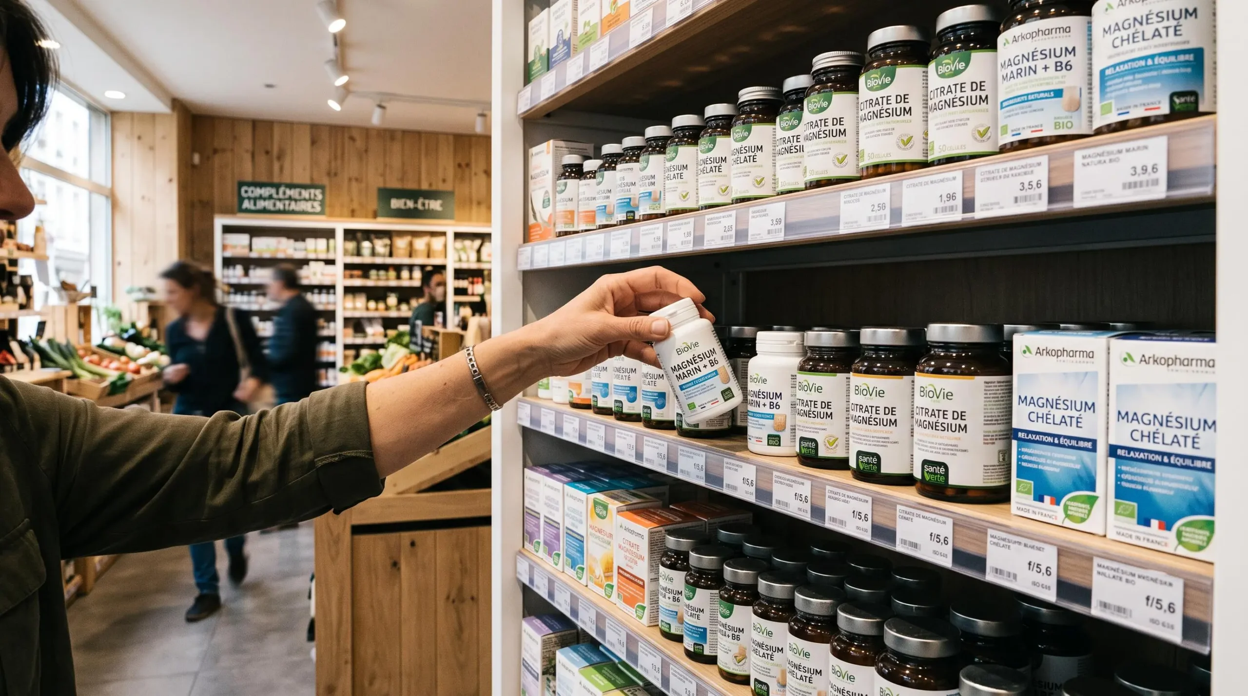 Main de client sélectionnant un complément de magnésium dans le rayon d'un magasin bio français
