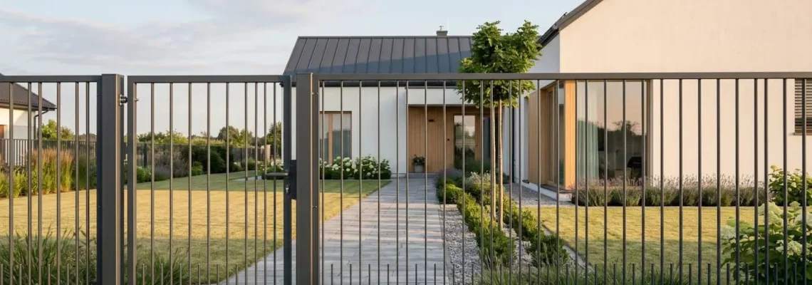 Clôture rigide gris anthracite dans un jardin moderne, avec portail assorti, chemin en pierre et maison blanche en arrière-plan, lumière dorée de fin d'après-midi.