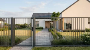 Clôture rigide gris anthracite dans un jardin moderne, avec portail assorti, chemin en pierre et maison blanche en arrière-plan, lumière dorée de fin d'après-midi.