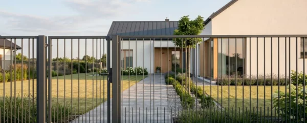 Clôture rigide gris anthracite dans un jardin moderne, avec portail assorti, chemin en pierre et maison blanche en arrière-plan, lumière dorée de fin d'après-midi.