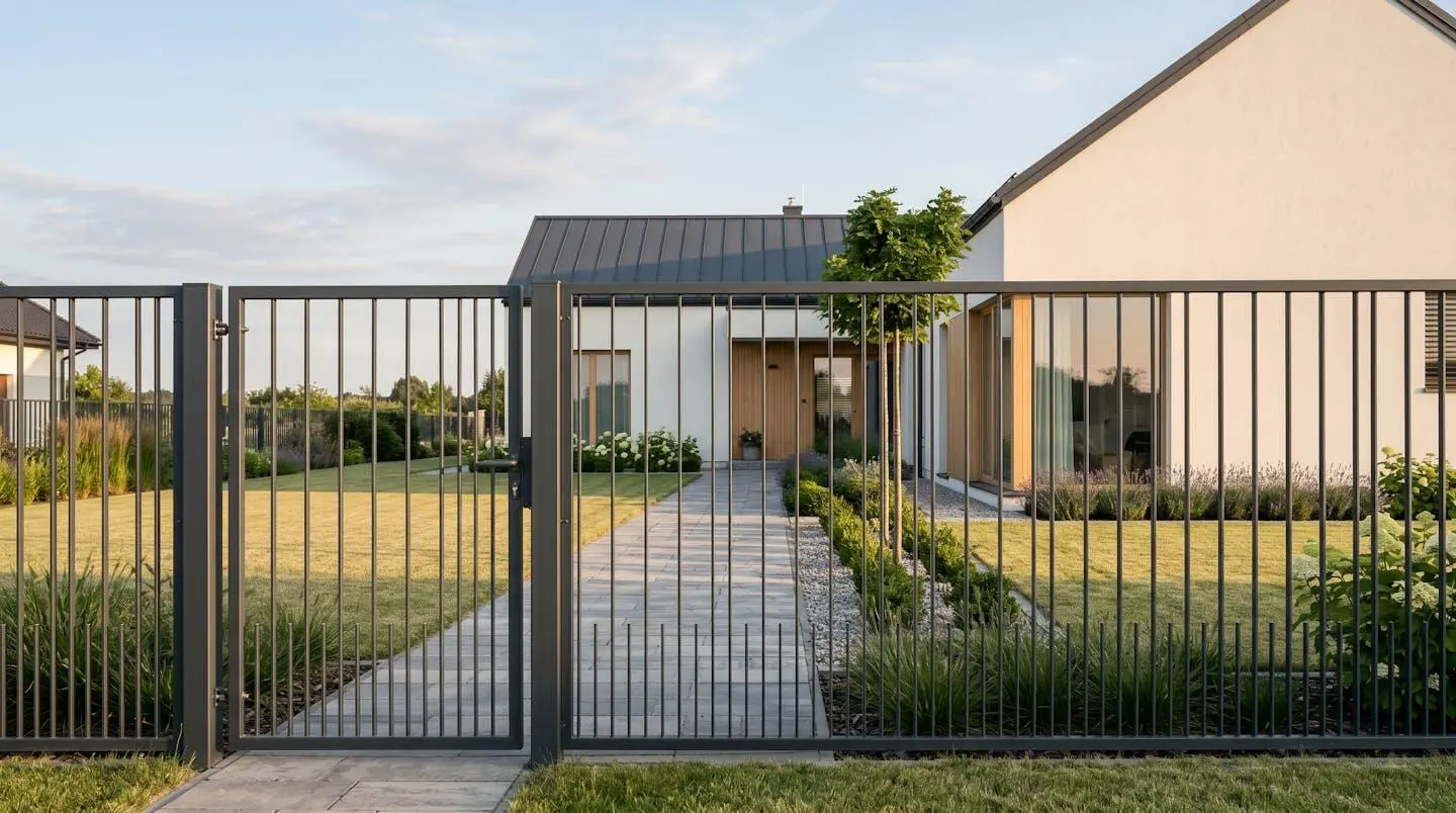 Clôture rigide gris anthracite dans un jardin moderne, avec portail assorti, chemin en pierre et maison blanche en arrière-plan, lumière dorée de fin d'après-midi.