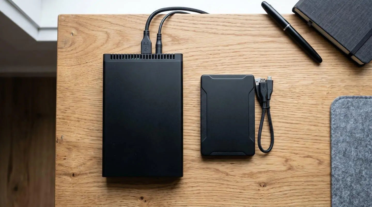 Vue de dessus comparant un disque dur externe 2,5 pouces et un 3,5 pouces posés côte à côte sur un bureau professionnel