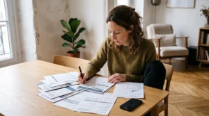 Personne comparant des documents bancaires sur une table de salle à manger à domicile tout en prenant des notes