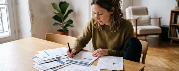 Personne comparant des documents bancaires sur une table de salle à manger à domicile tout en prenant des notes
