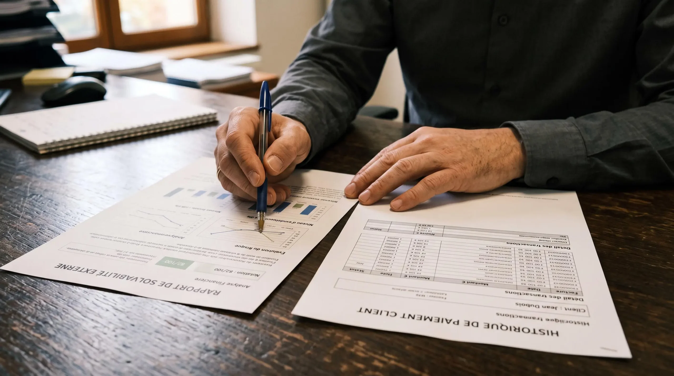 Des mains comparent un rapport de solvabilité imprimé et un historique de paiements sur un bureau.