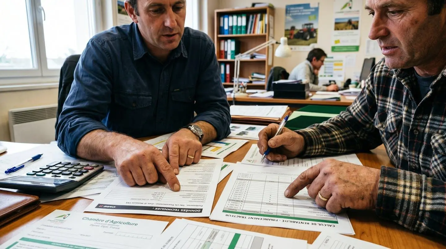 Conseiller agricole et exploitant examinant des documents techniques de tracteurs