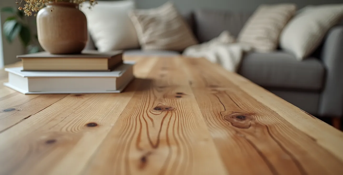 Détail d'une console en bois naturel positionnée derrière un canapé avec objets décoratifs