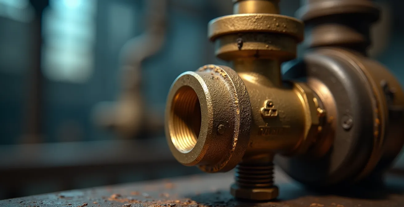 Vue macro d'une valve industrielle en cuivre avec textures métalliques