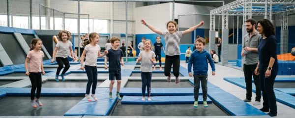 Un groupe d'enfants saute sur les trampolines d'un parc couvert pendant un anniversaire, encadrés par deux adultes.