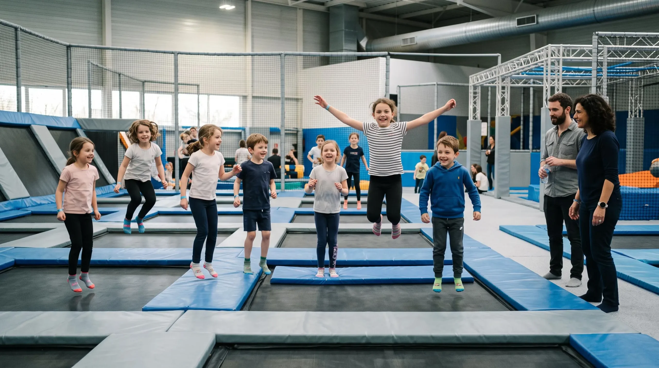 Un groupe d'enfants saute sur les trampolines d'un parc couvert pendant un anniversaire, encadrés par deux adultes.
