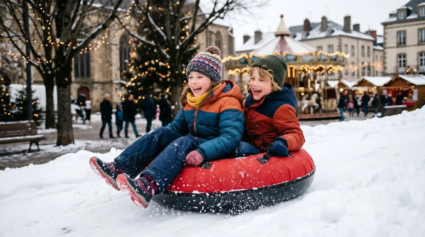 Deux enfants hilares dévalant une piste de luge tubby sur une bouée gonflable rouge, dans un décor hivernal festif avec des illuminations en arrière-plan