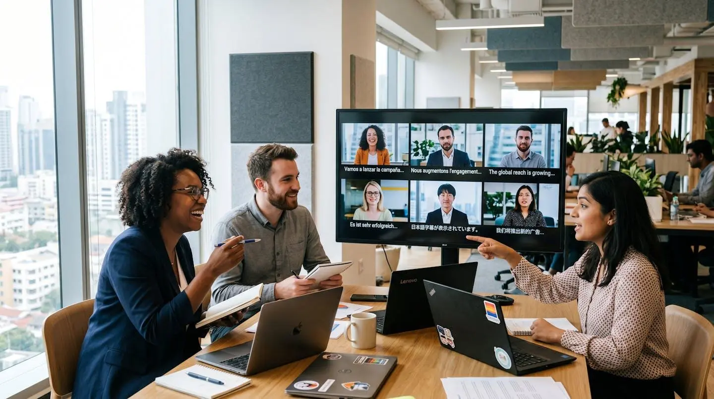 Équipe marketing collaborative travaillant sur des versions multilingues d'une vidéo dans un open space lumineux