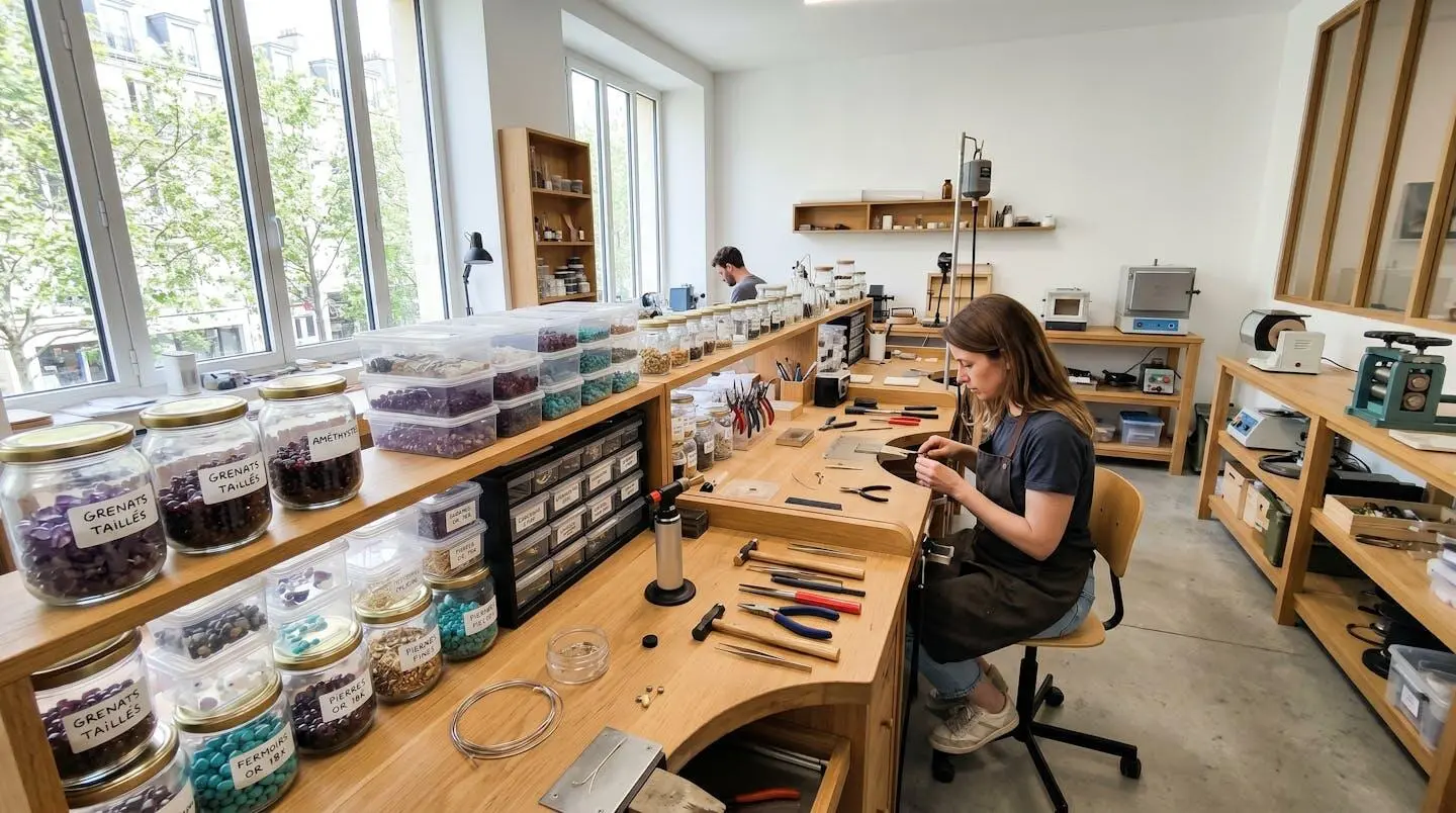 Plan large d'un établi d'atelier de bijouterie contemporain et rangé, avec plusieurs petits contenants transparents remplis de rondelles de pierres naturelles triées par taille, lumière naturelle abondante venant d'une fenêtre latérale