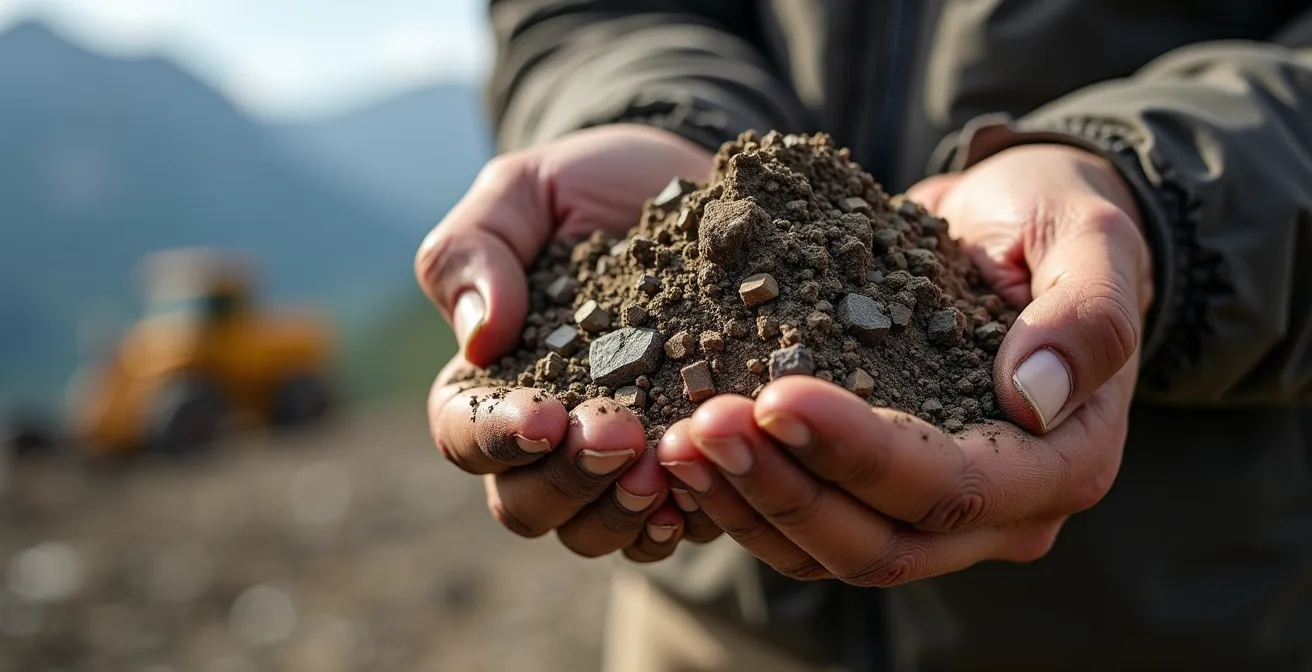 Ingénieur géotechnicien analysant un sol de montagne avec des instruments de mesure