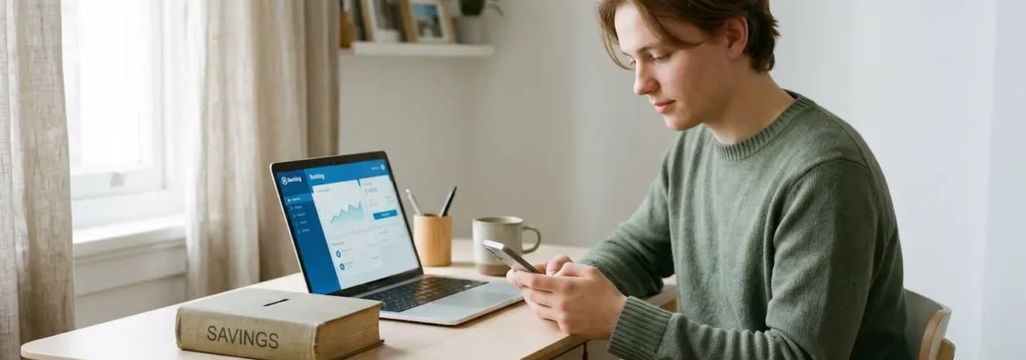 Jeune adulte étudiant utilisant son téléphone et son ordinateur pour gérer son budget, avec une tirelire sur le bureau.