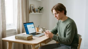 Jeune adulte étudiant utilisant son téléphone et son ordinateur pour gérer son budget, avec une tirelire sur le bureau.