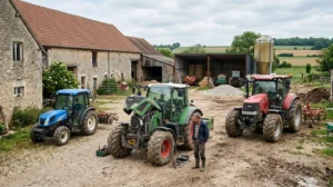 Exploitant agricole comparant différents modèles de tracteurs dans une cour de ferme française