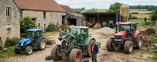 Exploitant agricole comparant différents modèles de tracteurs dans une cour de ferme française