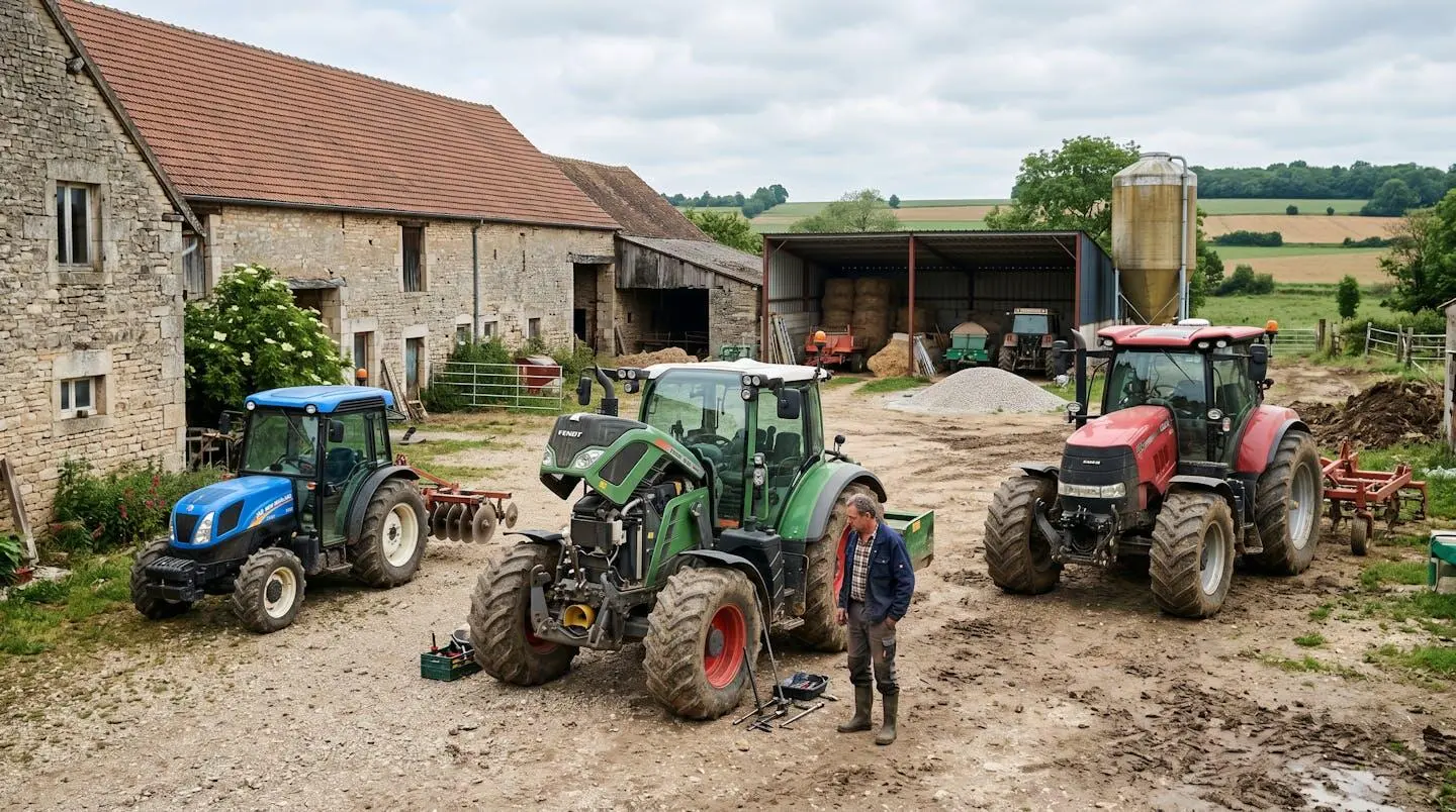 Exploitant agricole comparant différents modèles de tracteurs dans une cour de ferme française