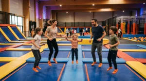 Famille avec enfants sautant ensemble sur des trampolines dans un parc d'activités indoor en France