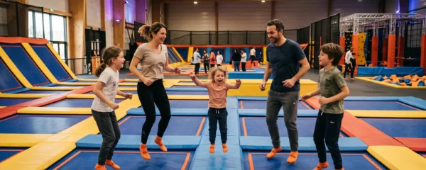 Famille avec enfants sautant ensemble sur des trampolines dans un parc d'activités indoor en France