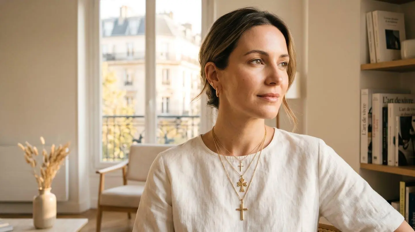 Femme élégante portant trois colliers croix de longueurs graduées illustrant l'approche équilibrée du stacking de bijoux religieux