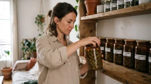 Une femme ferme hermétiquement un bocal en verre rempli de fleurs de CBD, aligné avec d'autres bocaux sur une étagère à l'abri de la lumière.