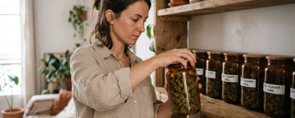 Une femme ferme hermétiquement un bocal en verre rempli de fleurs de CBD, aligné avec d'autres bocaux sur une étagère à l'abri de la lumière.