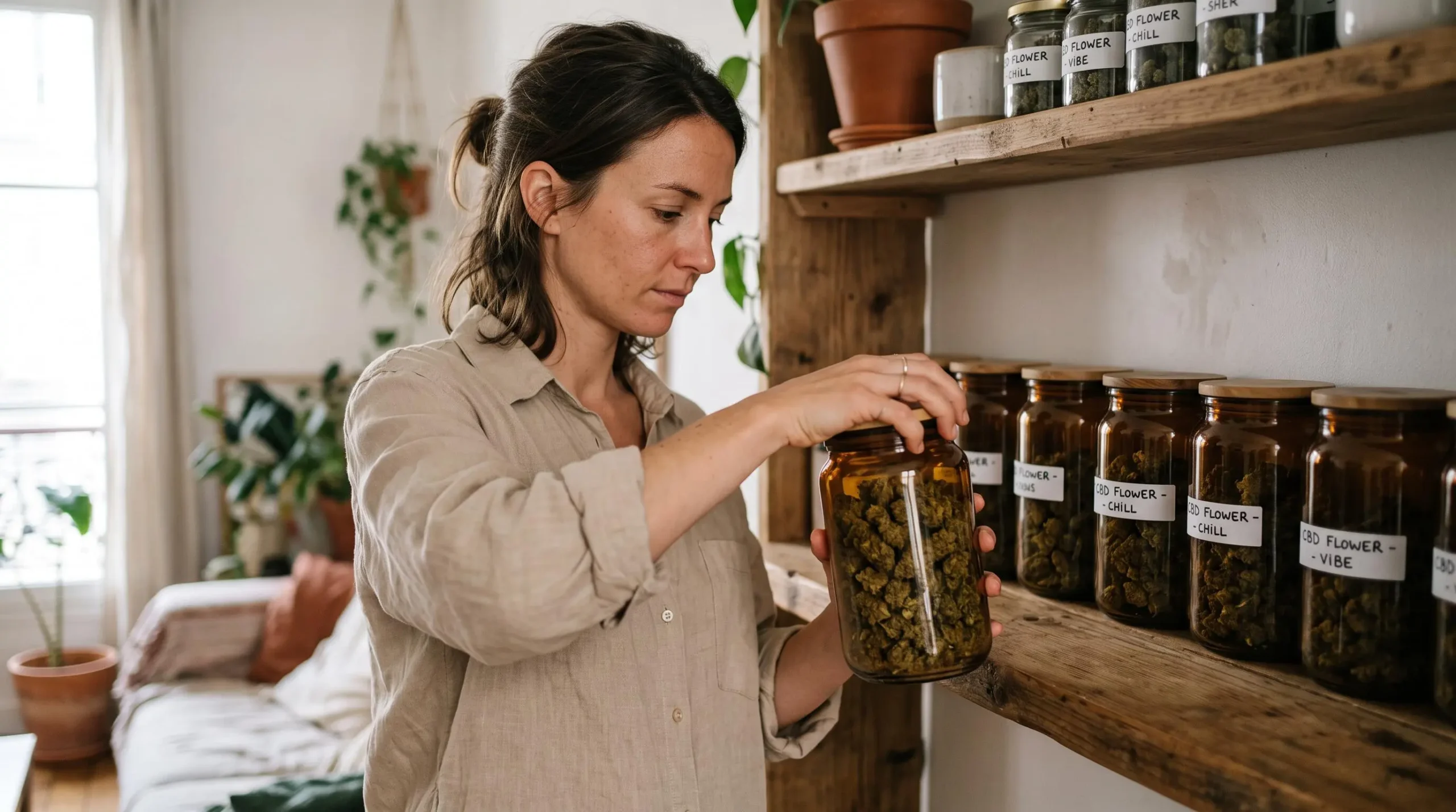 Une femme ferme hermétiquement un bocal en verre rempli de fleurs de CBD, aligné avec d'autres bocaux sur une étagère à l'abri de la lumière.