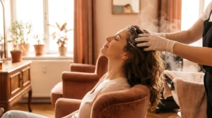 Femme aux cheveux châtains recevant un soin apaisant sur son cuir chevelu dans un salon cosy à Neuilly-sur-Seine