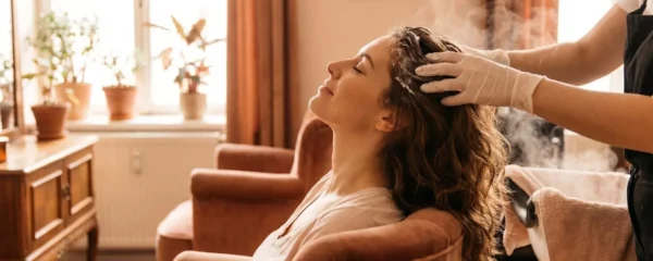 Femme aux cheveux châtains recevant un soin apaisant sur son cuir chevelu dans un salon cosy à Neuilly-sur-Seine