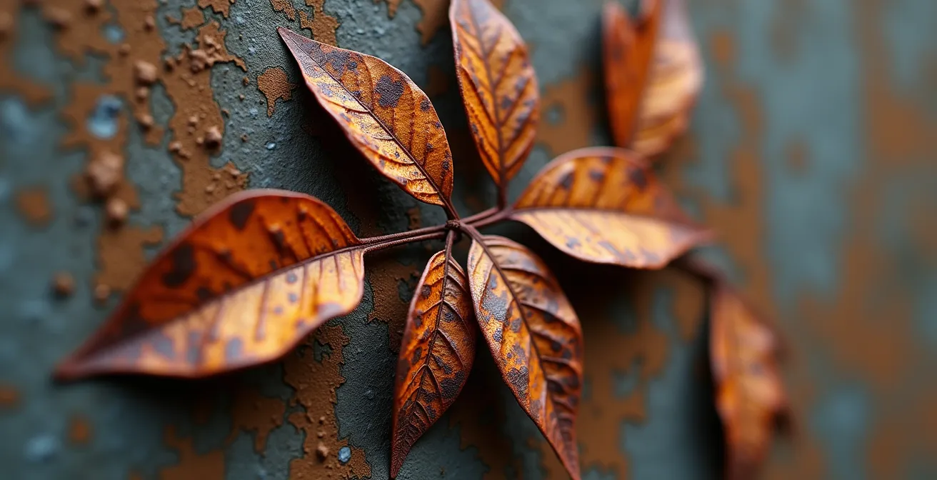 Gros plan sur des feuilles rouillées et corrodées déposées sur une surface murale sombre et terne, montrant l'oxydation progressive