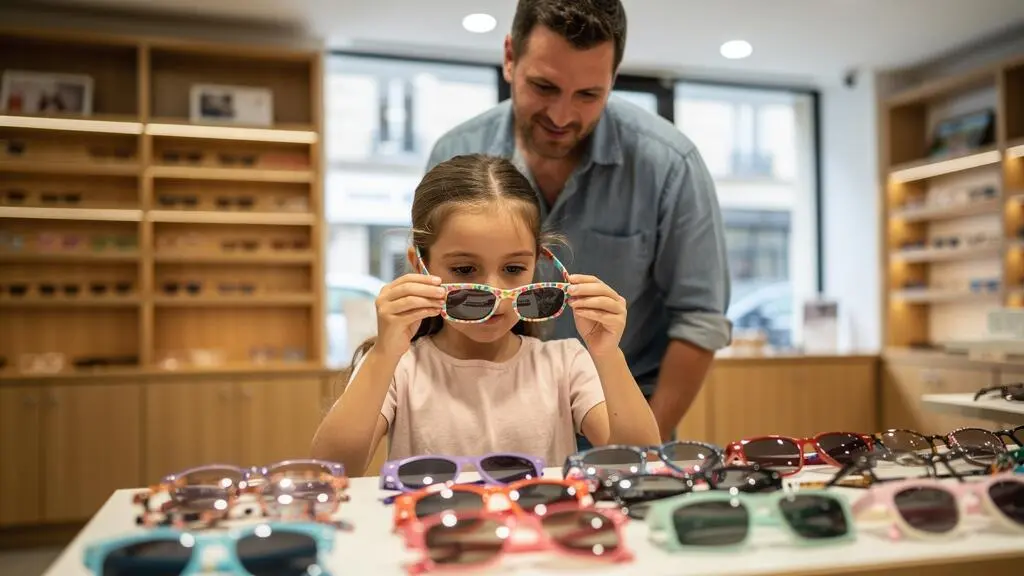 Une fille compare deux paires de lunettes de soleil devant un présentoir de la boutique.
