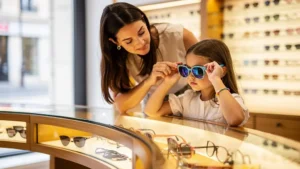 Une fille essaie des lunettes de soleil pendant que sa mère ajuste la monture en boutique.