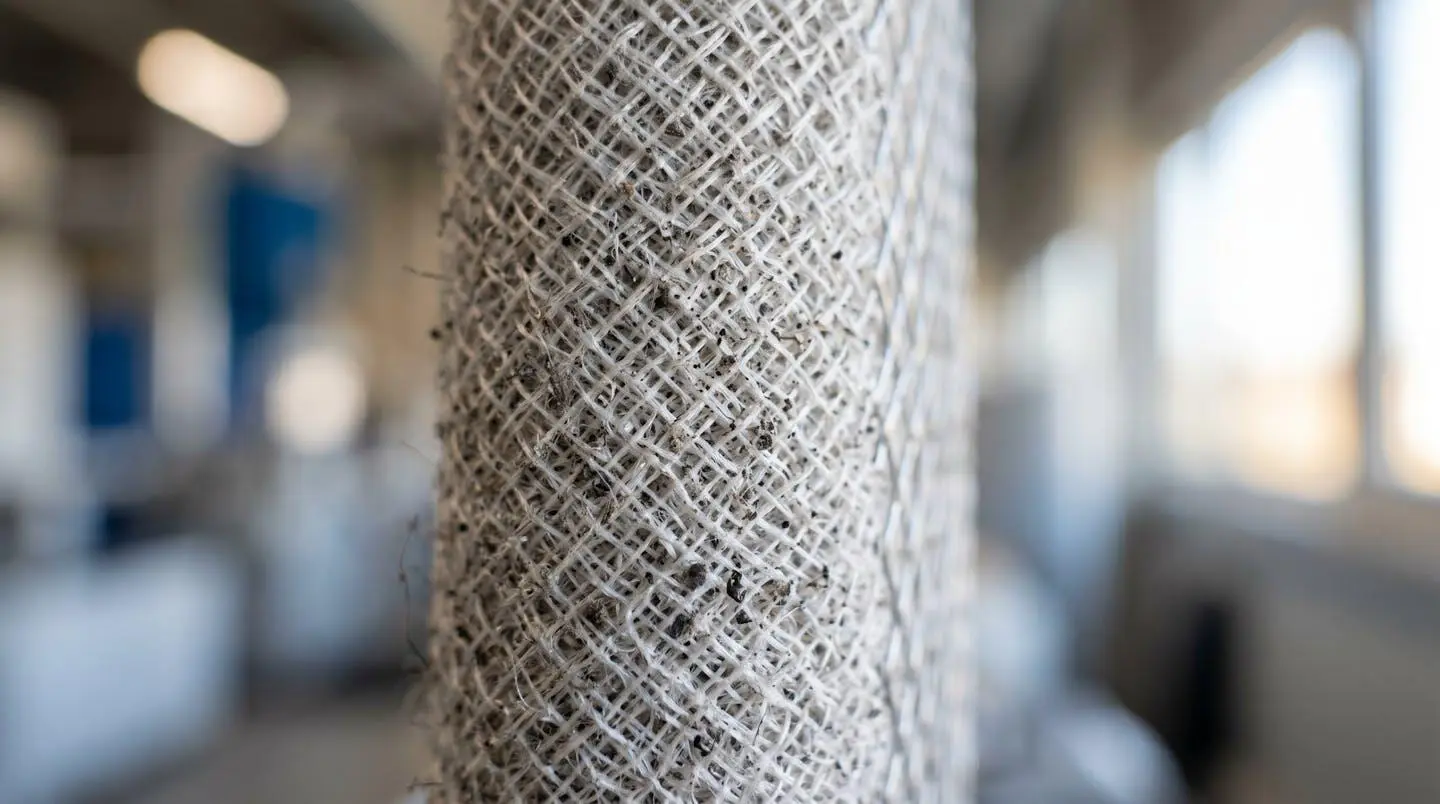 Vue macro d'un filtre à manches industriel avec texture textile visible et particules de poussière captées en surface