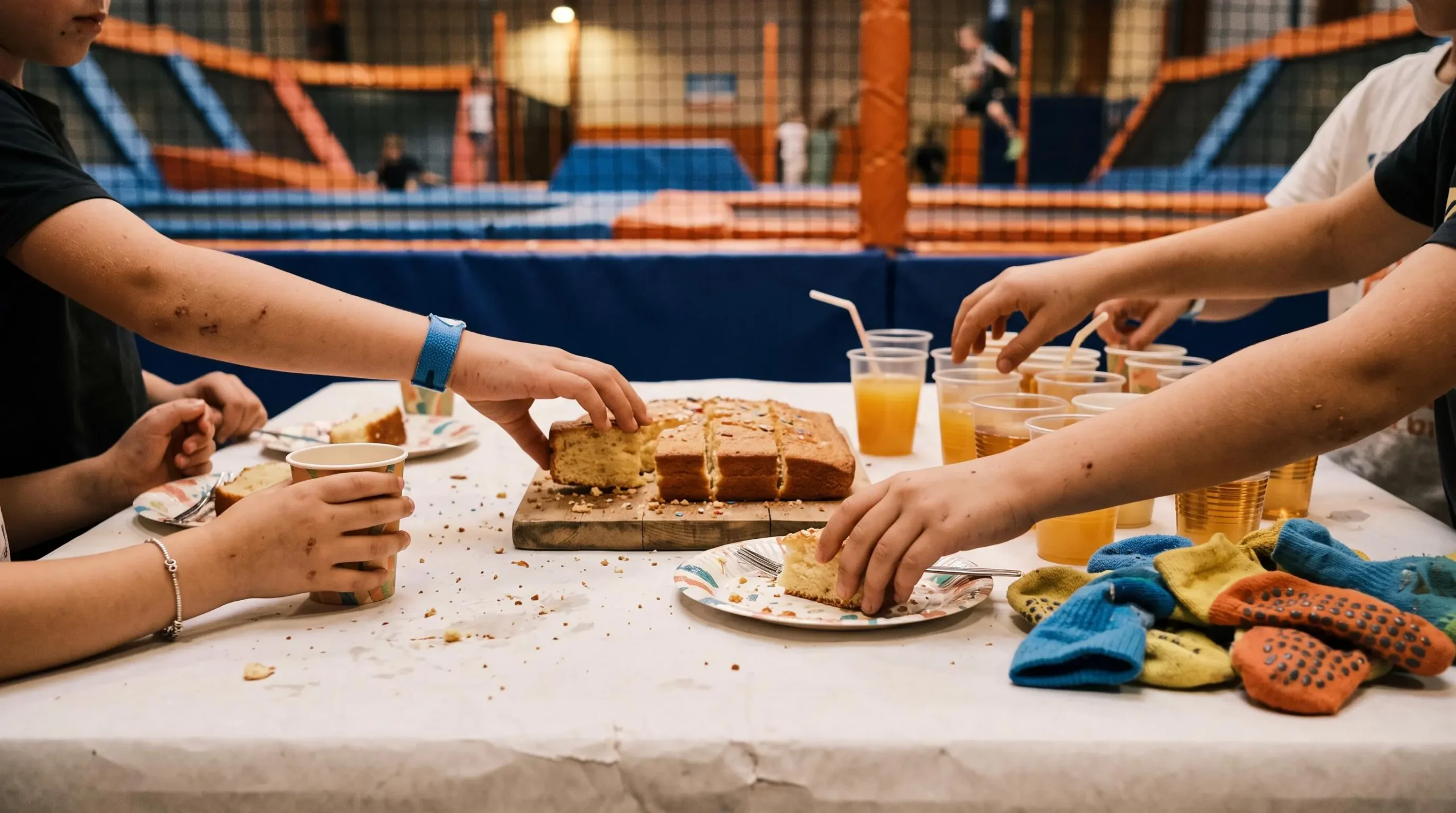 Des mains d'enfants se servent des parts de gâteau et de jus autour de la table du goûter d'anniversaire.
